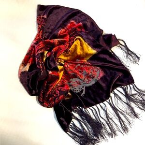 Silk Velvet Burnout Fringe Wrap Hippie Whimsigoth Botantical Floral Leaf Sheer‎